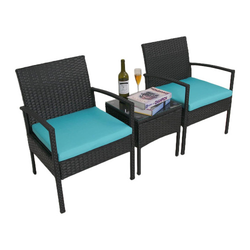 Bistro set, PE black rattan, steel powder coating frame, Acacia table top, oil finishing surface.