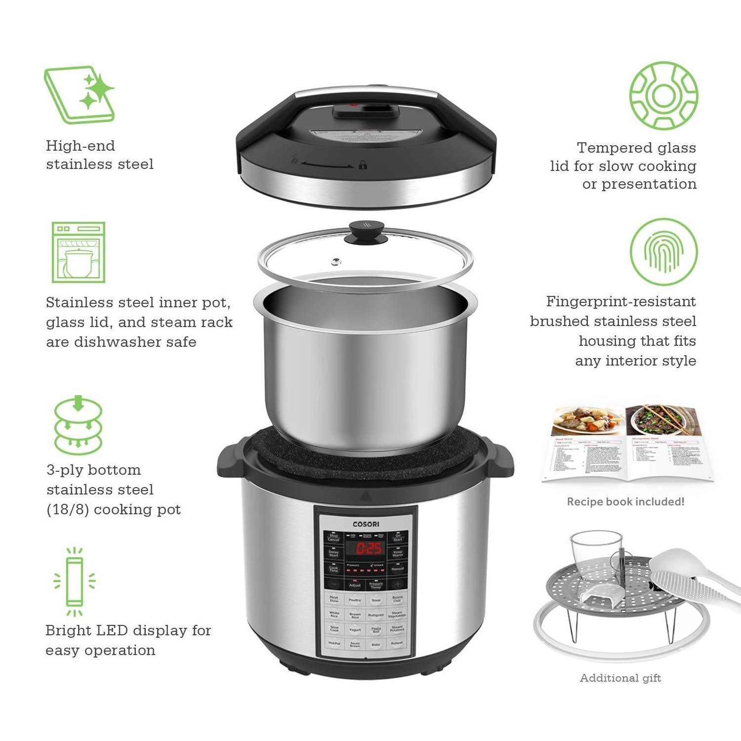 BEST SELLER  Stainless Steel Premium 8-in-1 Multi-Function Electric Pressure Cooker, 6 quart - CP016-PC