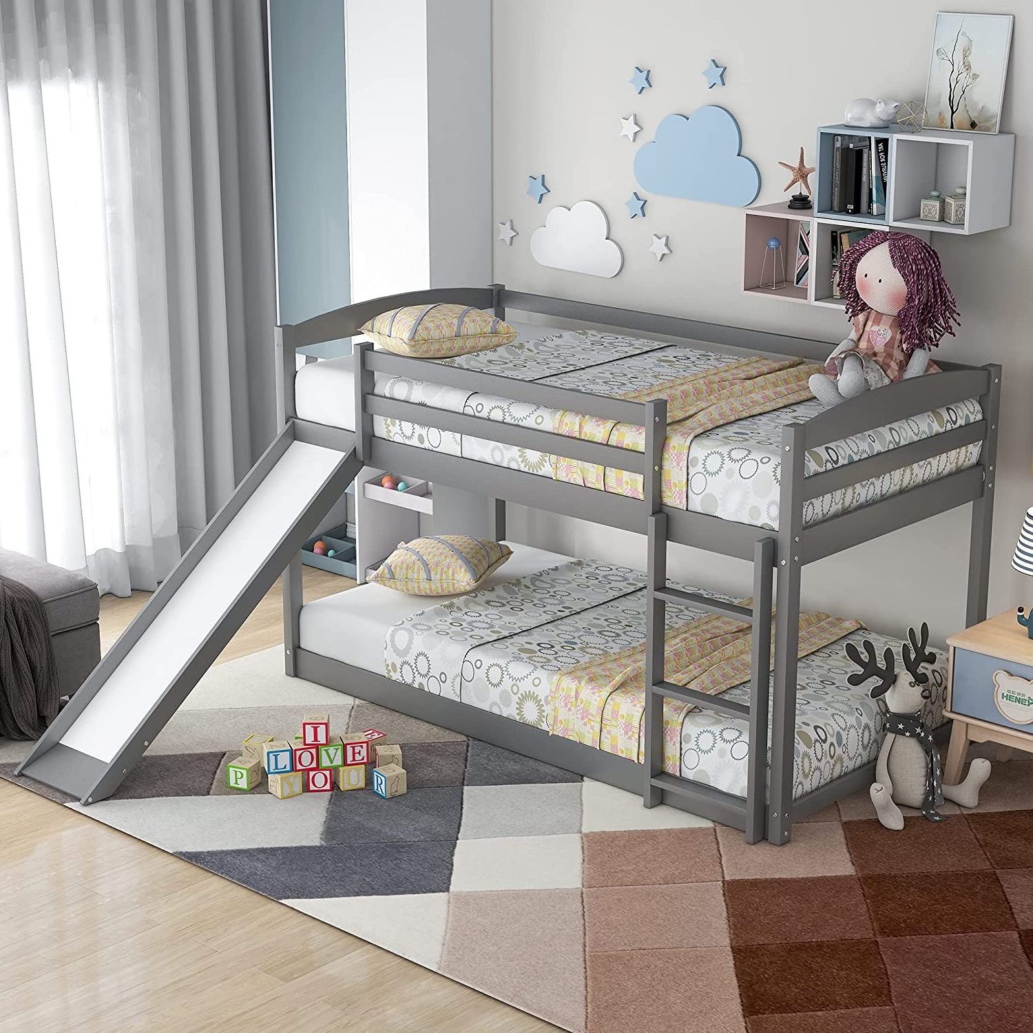 Twin Over Twin Low Bunk Bed with Slide and Ladder, Solid Wood Floor Bed frame with Guardrail, Floor Bed for Kids