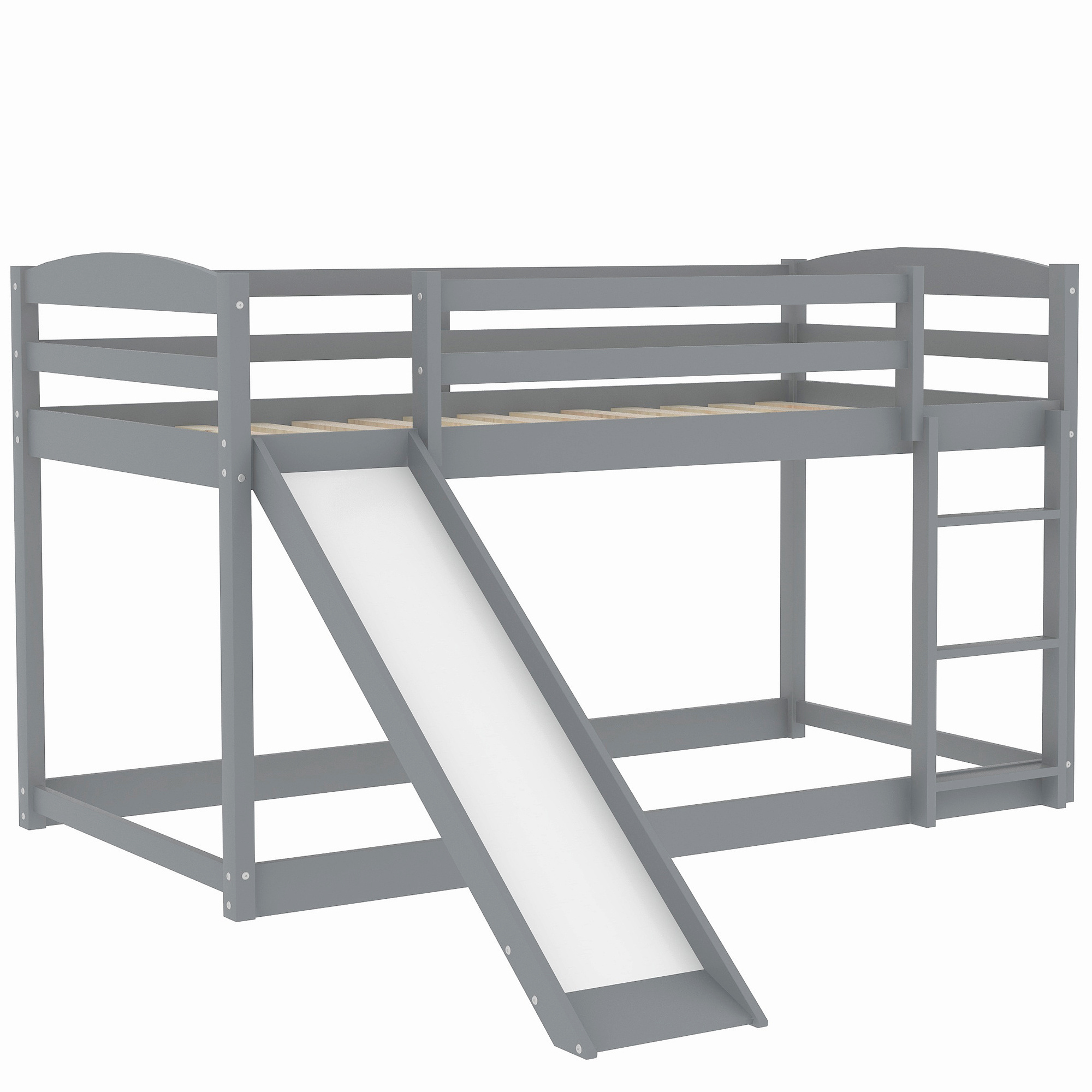 Twin Over Twin Low Bunk Bed with Slide and Ladder, Solid Wood Floor Bed frame with Guardrail, Floor Bed for Kids