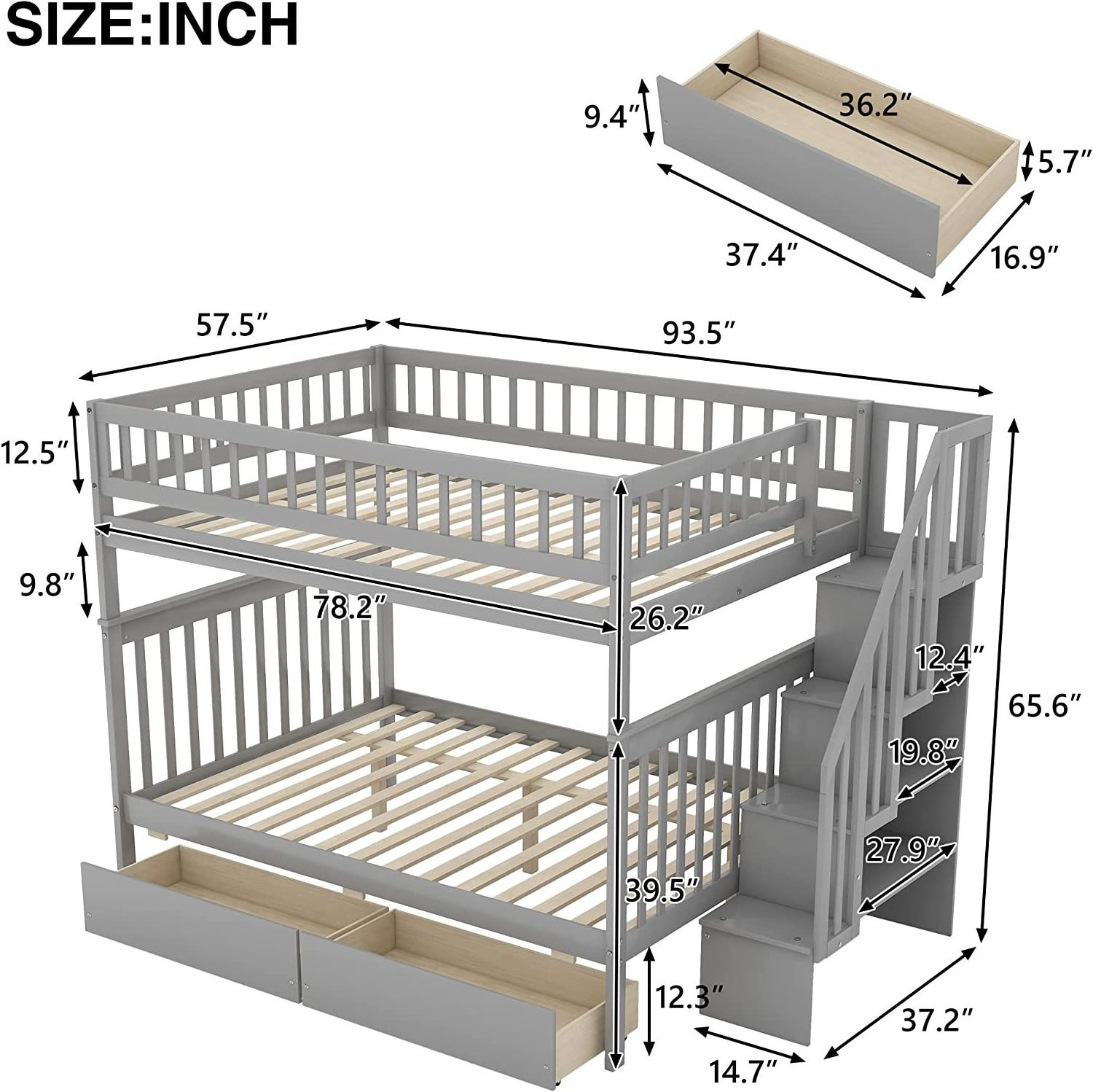 Twin Over Twin Bunk Bed with Ladders and Two Storage Drawers, Solid Wood Floor Bed frame with Guardrail, Floor Bed for Kids