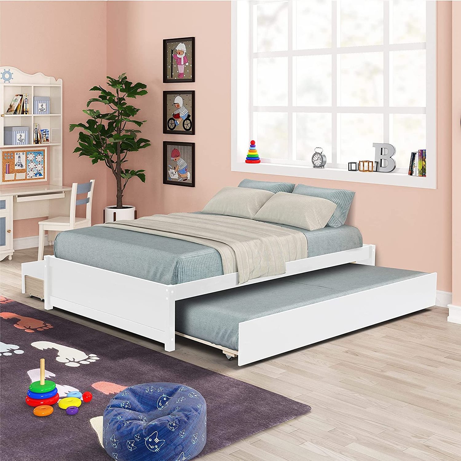 Full Size Platform Bed Frame with Twin Size Trundle, 2 Storage Drawers, and Wooden Slats Support Children Kids