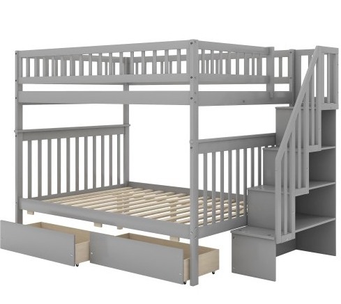 Twin Over Twin Bunk Bed with Ladders and Two Storage Drawers, Solid Wood Floor Bed frame with Guardrail, Floor Bed for Kids