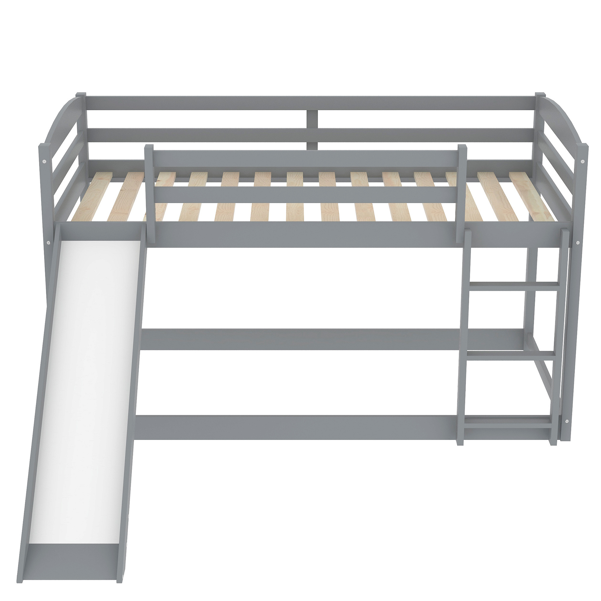 Twin Over Twin Low Bunk Bed with Slide and Ladder, Solid Wood Floor Bed frame with Guardrail, Floor Bed for Kids