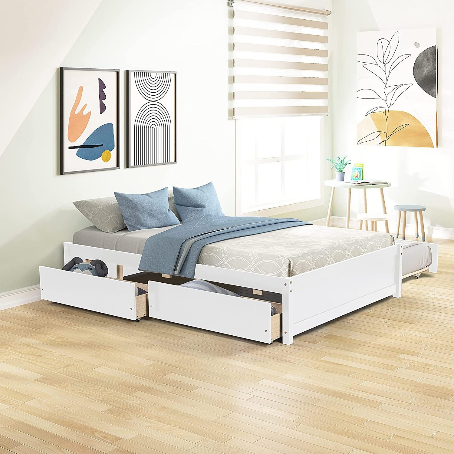 Full Size Platform Bed Frame with Twin Size Trundle, 2 Storage Drawers, and Wooden Slats Support Children Kids