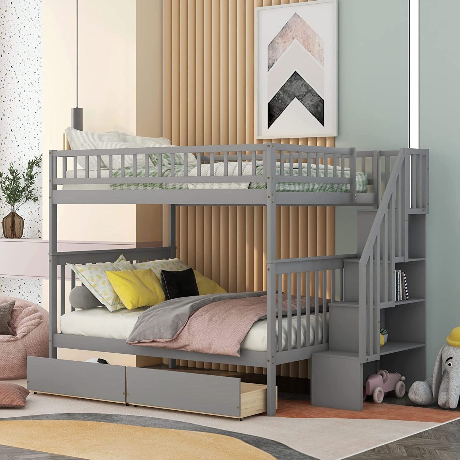 Twin Over Twin Bunk Bed with Ladders and Two Storage Drawers, Solid Wood Floor Bed frame with Guardrail, Floor Bed for Kids