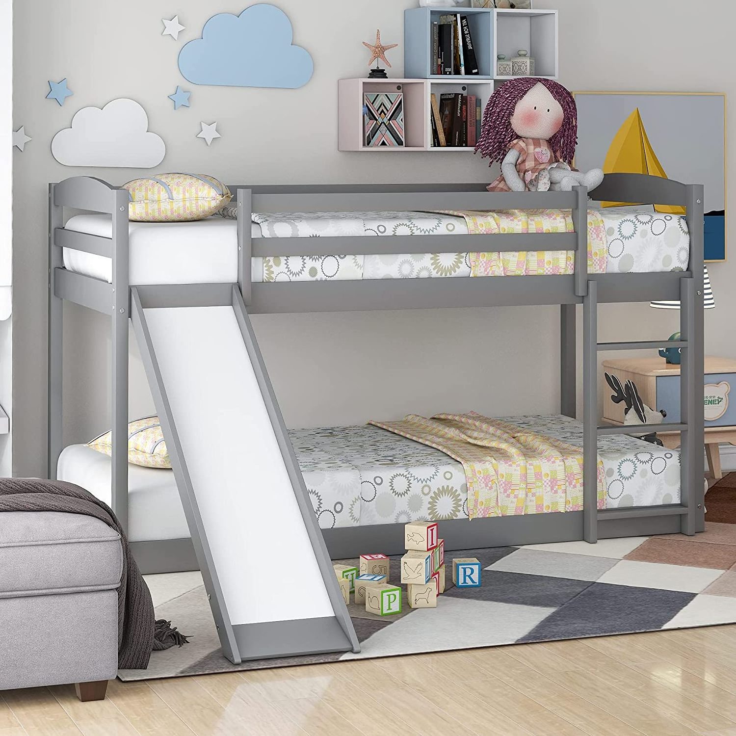 Twin Over Twin Low Bunk Bed with Slide and Ladder, Solid Wood Floor Bed frame with Guardrail, Floor Bed for Kids