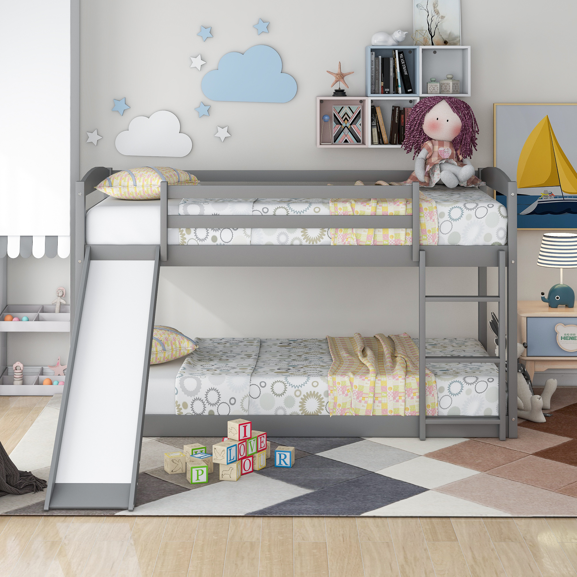 Twin Over Twin Low Bunk Bed with Slide and Ladder, Solid Wood Floor Bed frame with Guardrail, Floor Bed for Kids