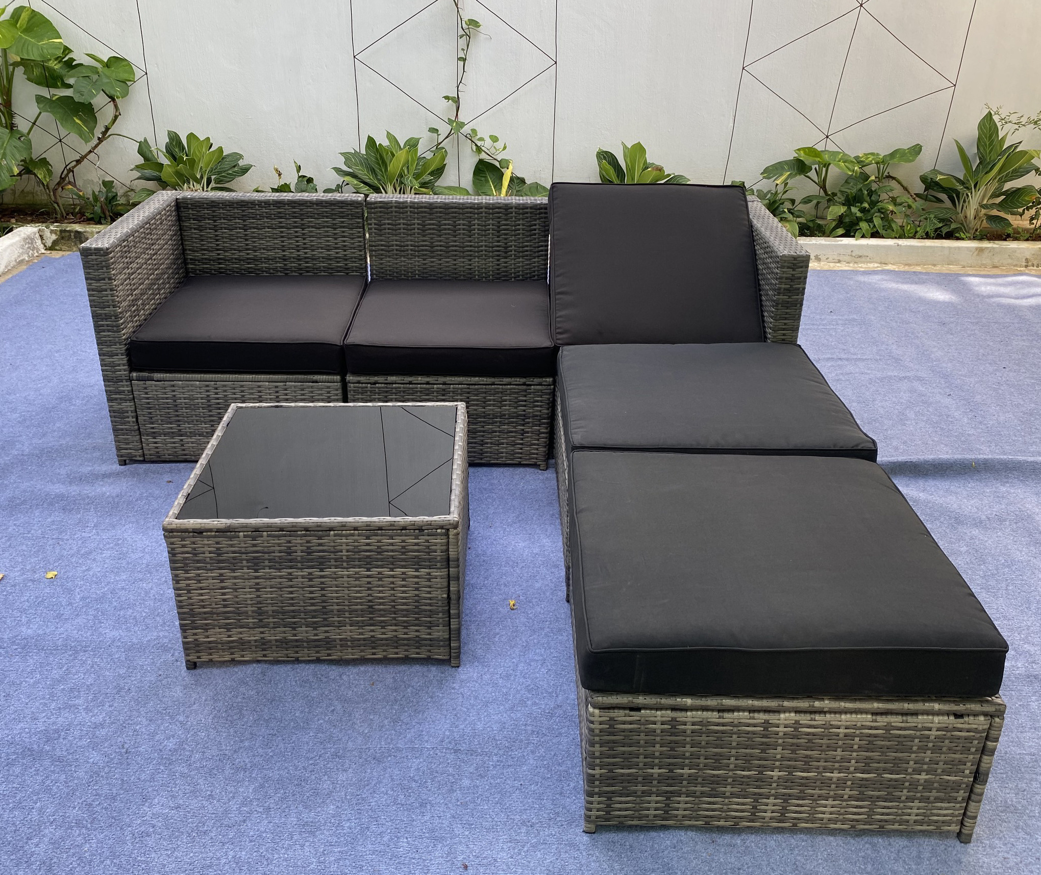 6 Pieces Patio Furniture Sets Outdoor Sectional Sofa Set, Modern Garden Conversation Set with Cushion and Glass