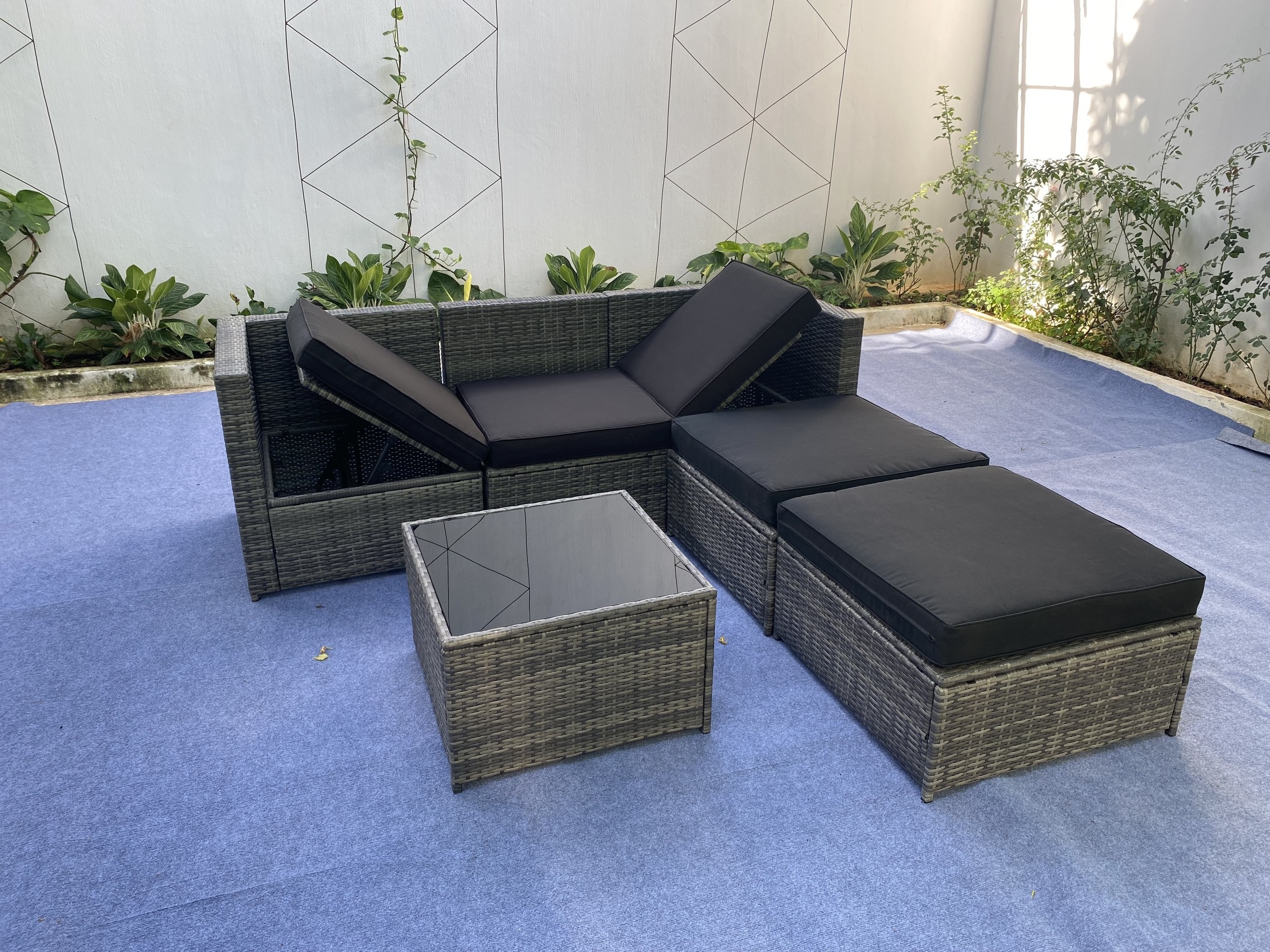 6 Pieces Patio Furniture Sets Outdoor Sectional Sofa Set, Modern Garden Conversation Set with Cushion and Glass