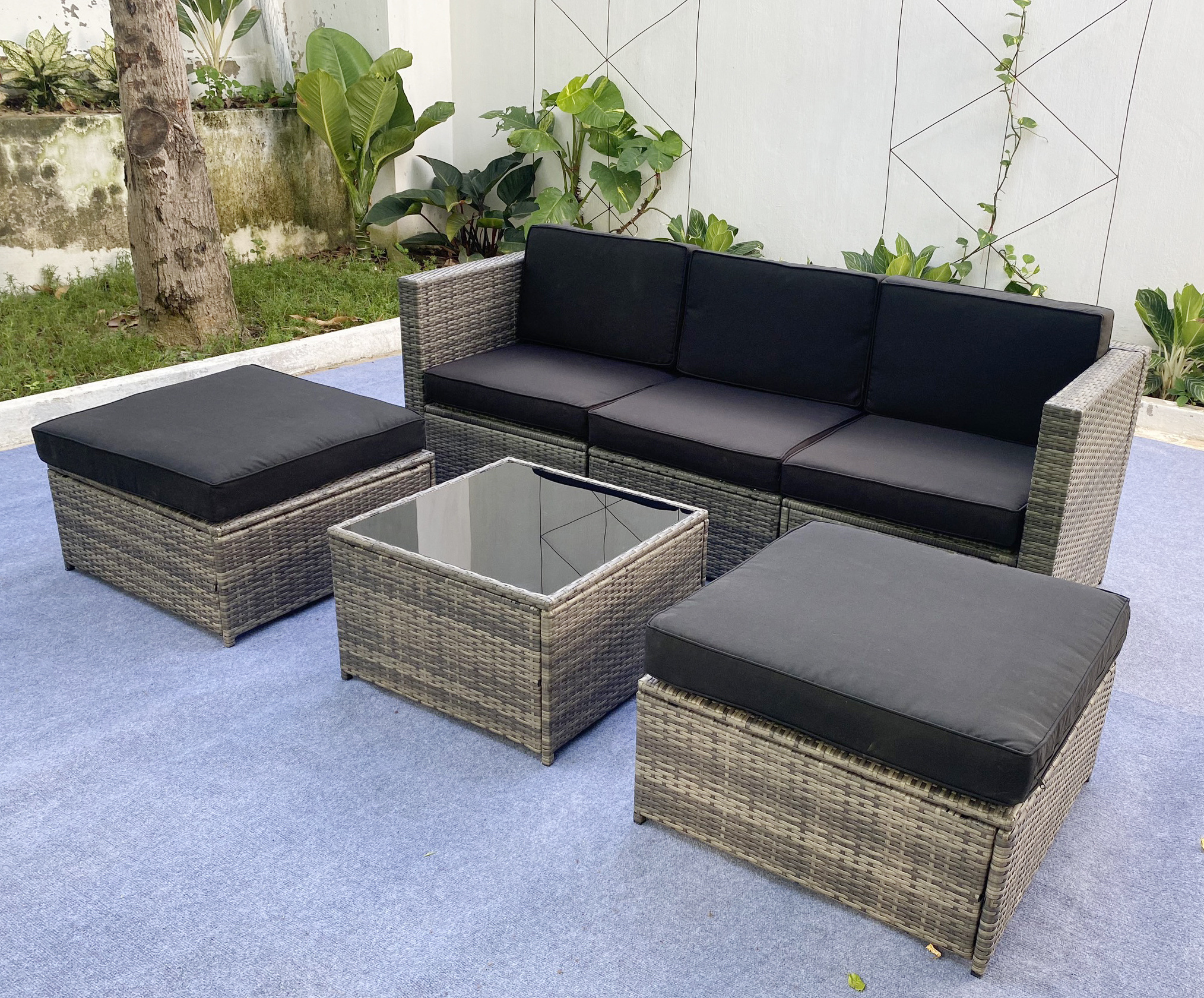 6 Pieces Patio Furniture Sets Outdoor Sectional Sofa Set, Modern Garden Conversation Set with Cushion and Glass