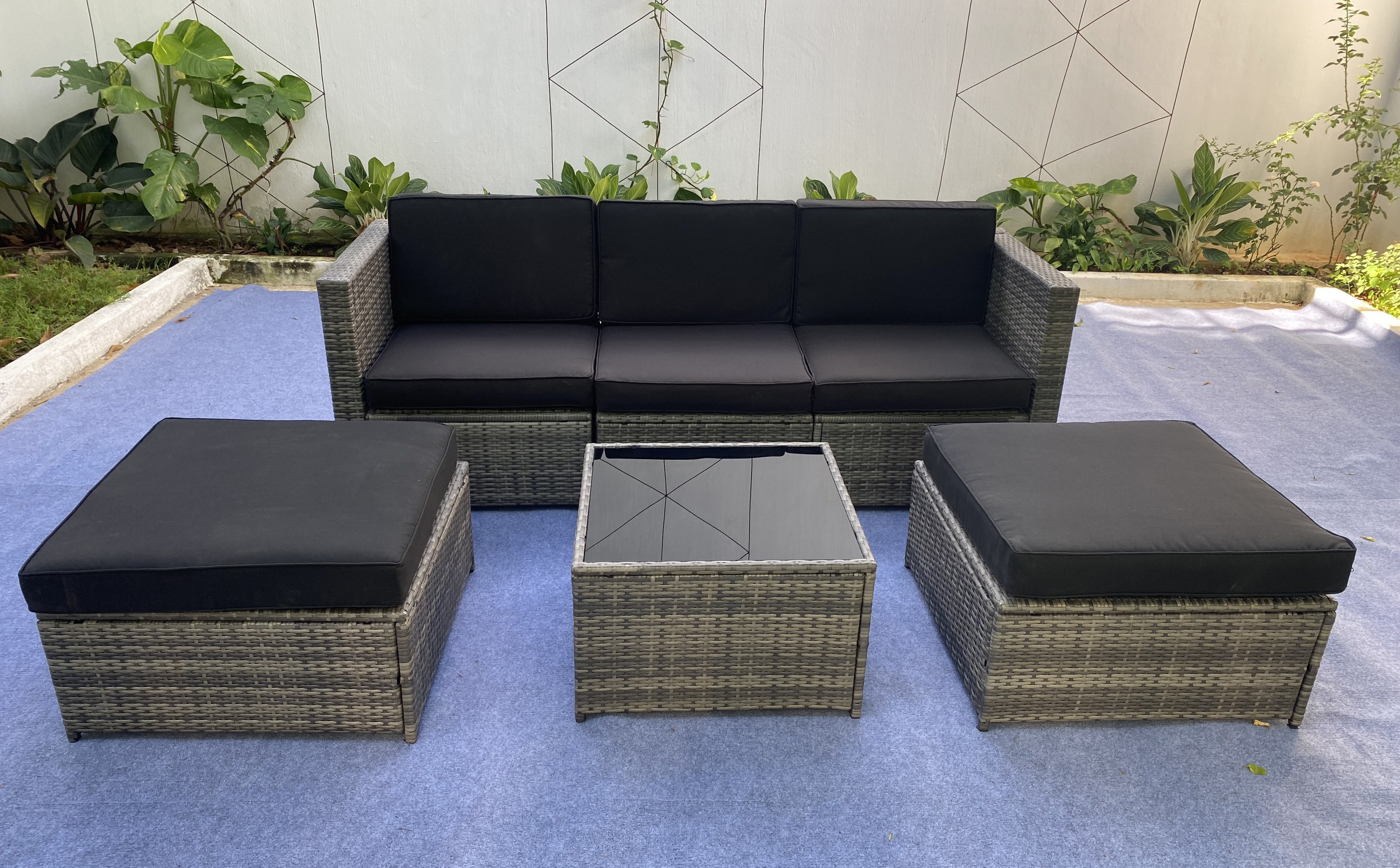 6 Pieces Outdoor Sectional Sofa Set All Weather Modern Garden Conversation Set with Cushion and Glass