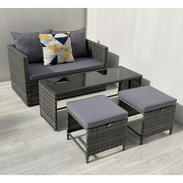 4 Piece Patio Furniture Set Outdoor Wicker Conversation Set Rattan Sectional Sofa with Cushions & Coffee Table