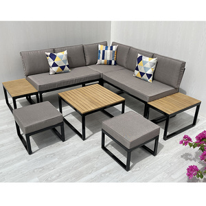 Luxury Modern furniture garden sofa set patio hotel Villia poolside L sectional sofa with Acacia wood and cushion