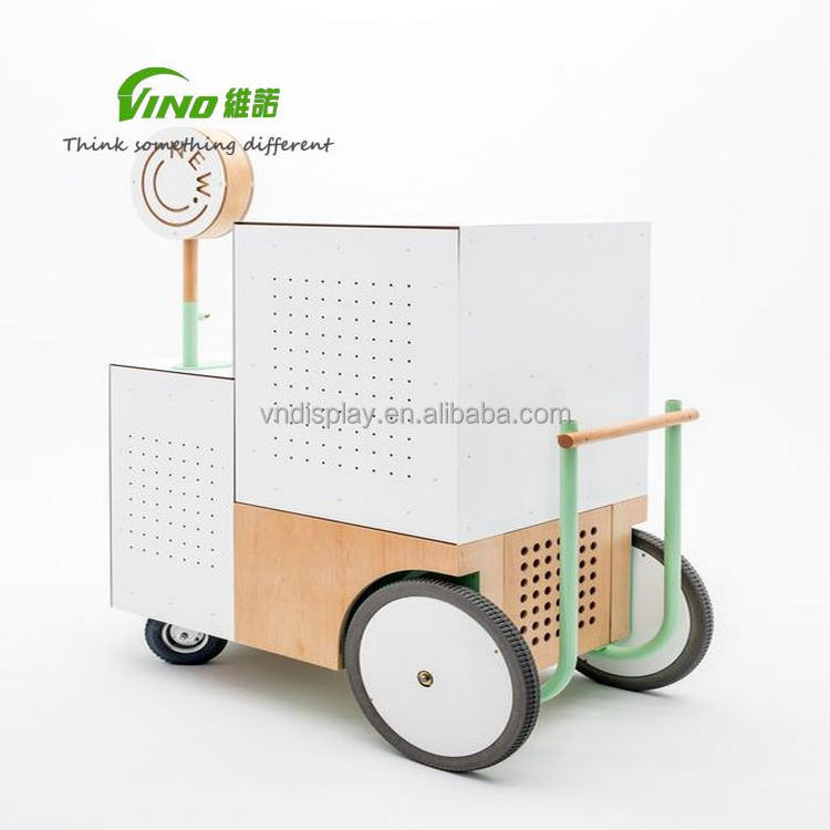 Mobile candy cart wooden stand with handle and pegboard for lollipop and ice cream