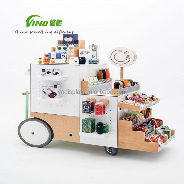 Mobile candy cart wooden stand with handle and pegboard for lollipop and ice cream