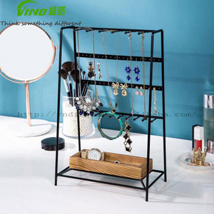 earrings jewelry hanger Modern Black Metal Jewelry Organizer Tower w/ Rustic Burnt Wood earring display stands