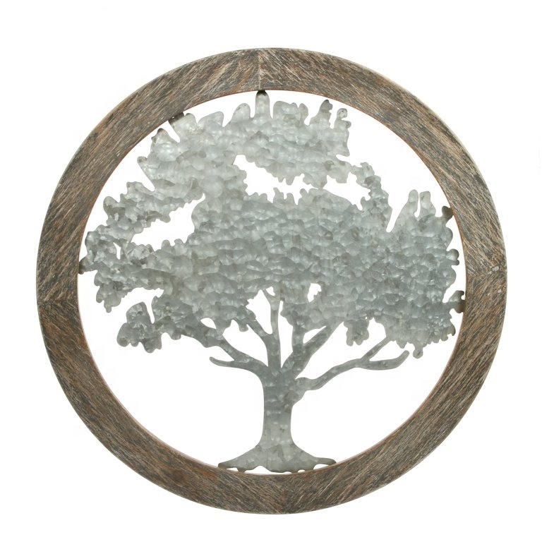 Decorative Aluminium Antique For Home Decoration 20 inch Round Wood and Metal Tree Wall Decor