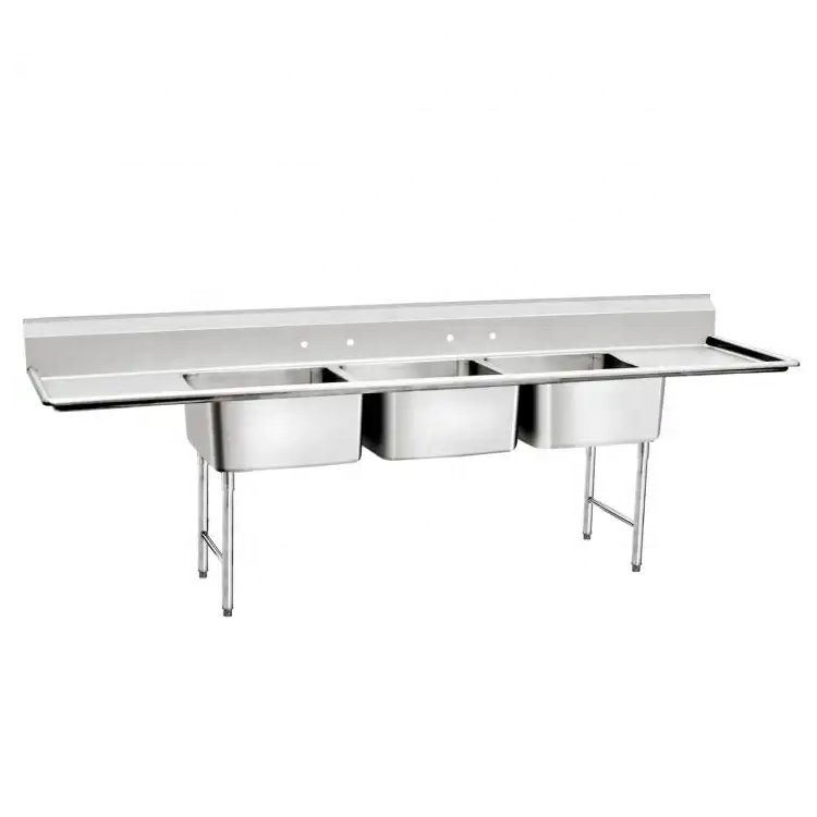 American Style Stainless Steel Commercial Kitchen 3 Compartment Sink Restaurant Customized Double Sink Table With Drainboard