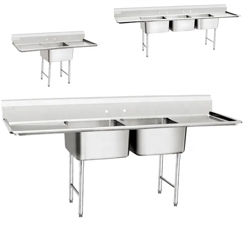 American Style Stainless Steel Commercial Kitchen 3 Compartment Sink Restaurant Customized Double Sink Table With Drainboard