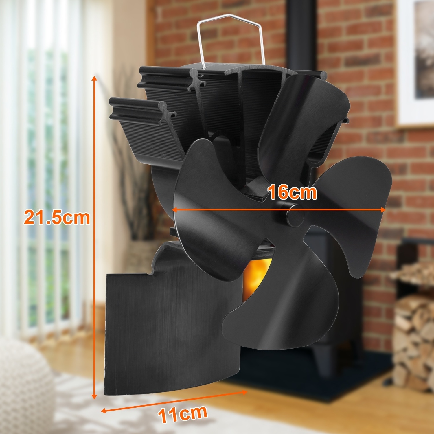 Heat Powered Wood 4 Blades Stove Fan on Chimney with Silent Motors Push Horizontal Air Flow  for Wood Burning Stove/Gas/Pellet