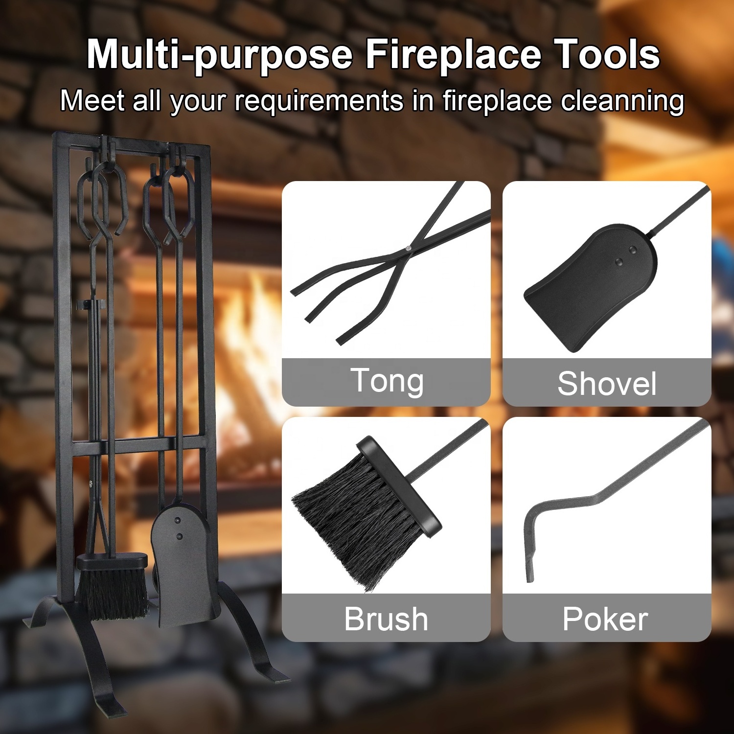 Metal Fireplace Tool Sets 5 Pieces Poker & Shovel & Brush & Tongs for Outdoor and Indoor Companion Tools Sets