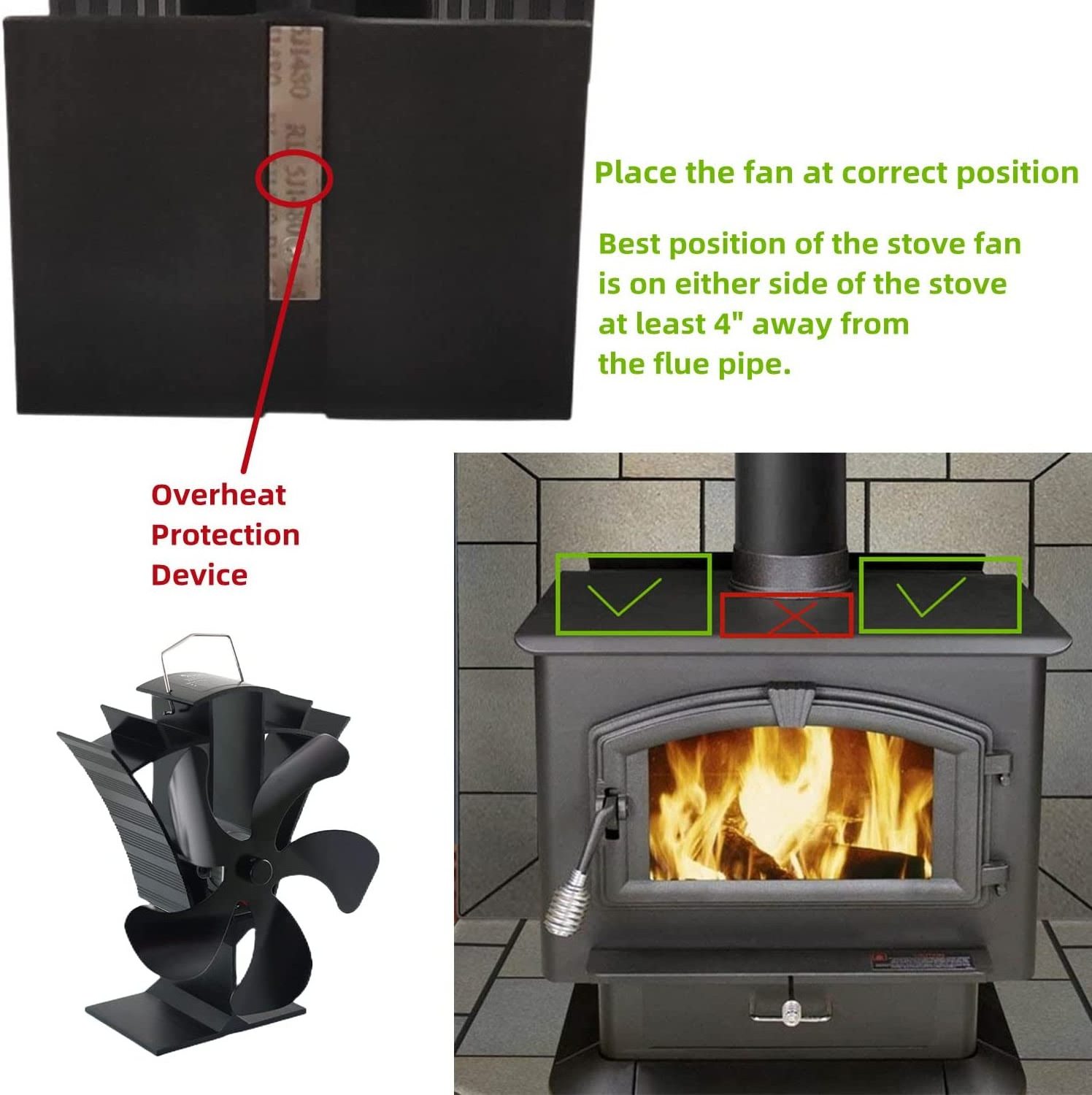 Thermal Powered Stove Wood Chimney Fan Fireplace Exist Flow Heating Fan with 5 Blades