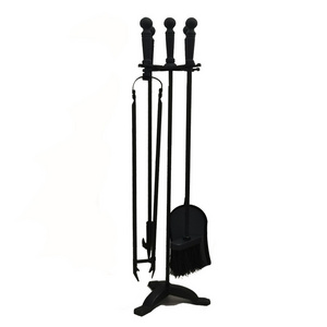 Modern Black Metal Fireplace Tool Set With Stander, Hook, Spatula, Brush, Tong For Home