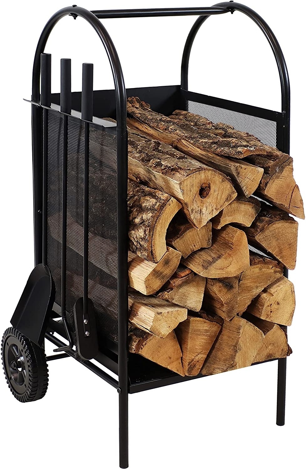 Indoor and Outdoor  Firewood Rack Cart with Wheels Fireplace Log Holder Carts with 3 Pieces Fireplace Tools Sets