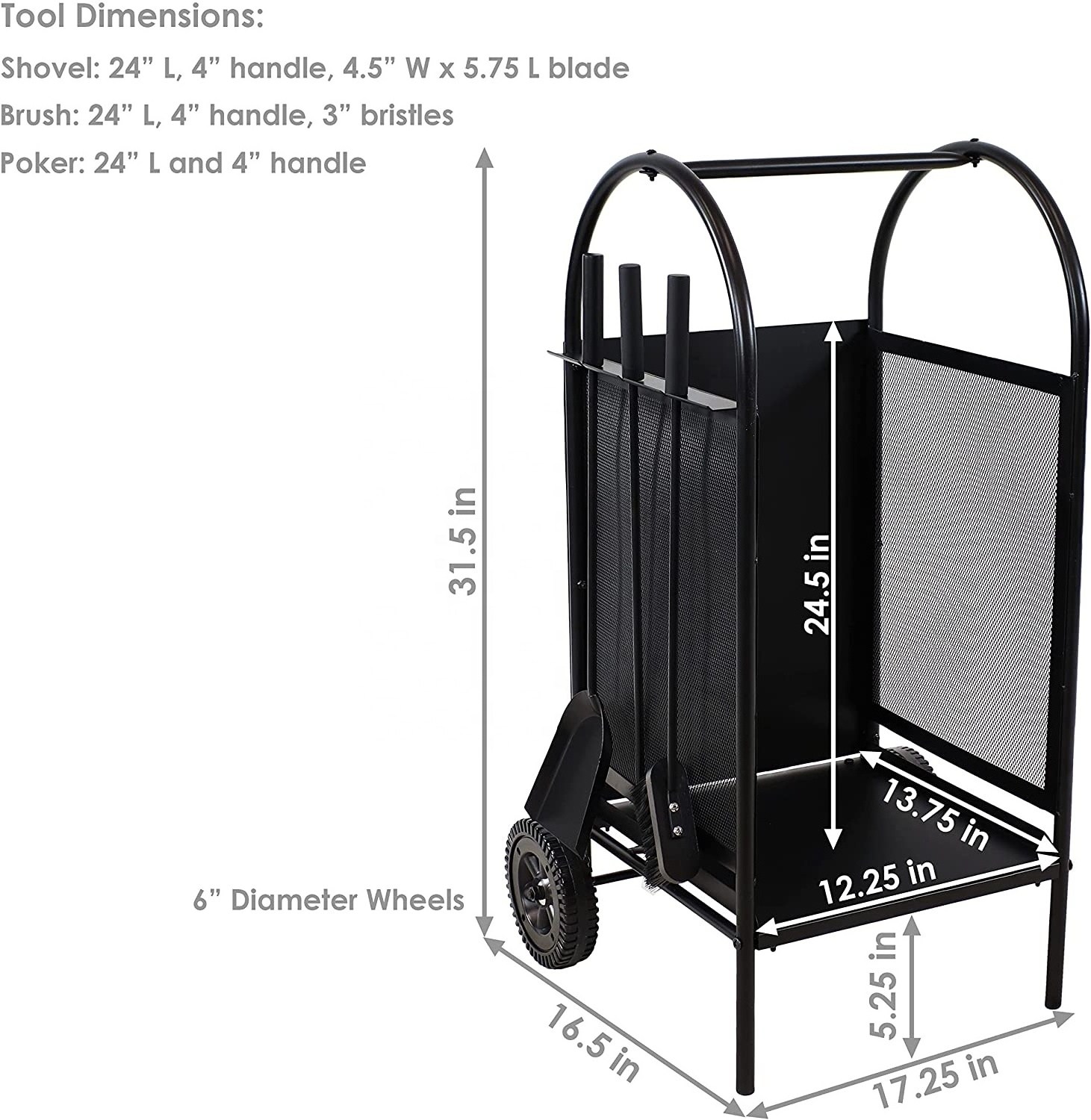 Indoor and Outdoor  Firewood Rack Cart with Wheels Fireplace Log Holder Carts with 3 Pieces Fireplace Tools Sets