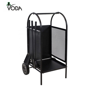 Indoor and Outdoor  Firewood Rack Cart with Wheels Fireplace Log Holder Carts with 3 Pieces Fireplace Tools Sets