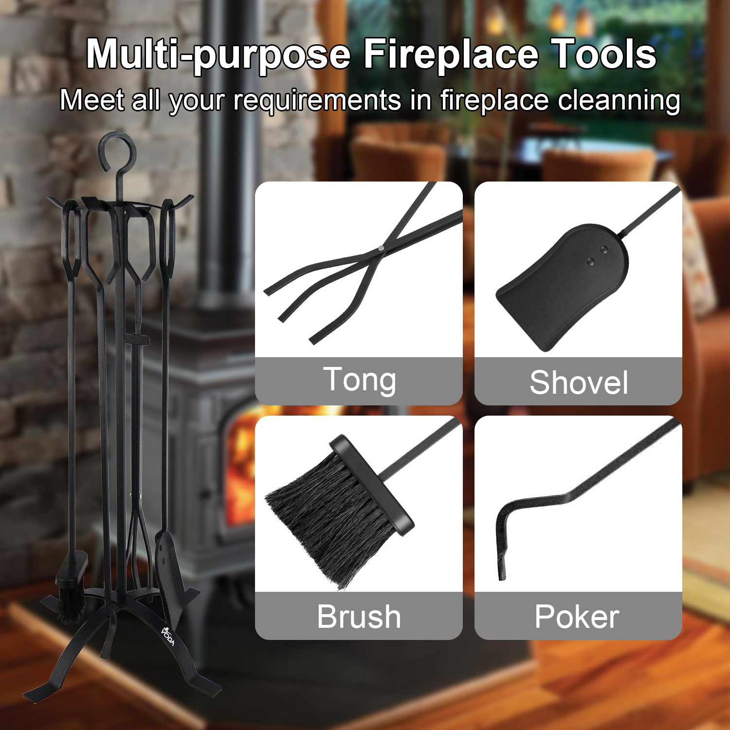 New Design 5-Piece Fire Pit Poker Wrought Iron Fireside Accessories Tool Sets