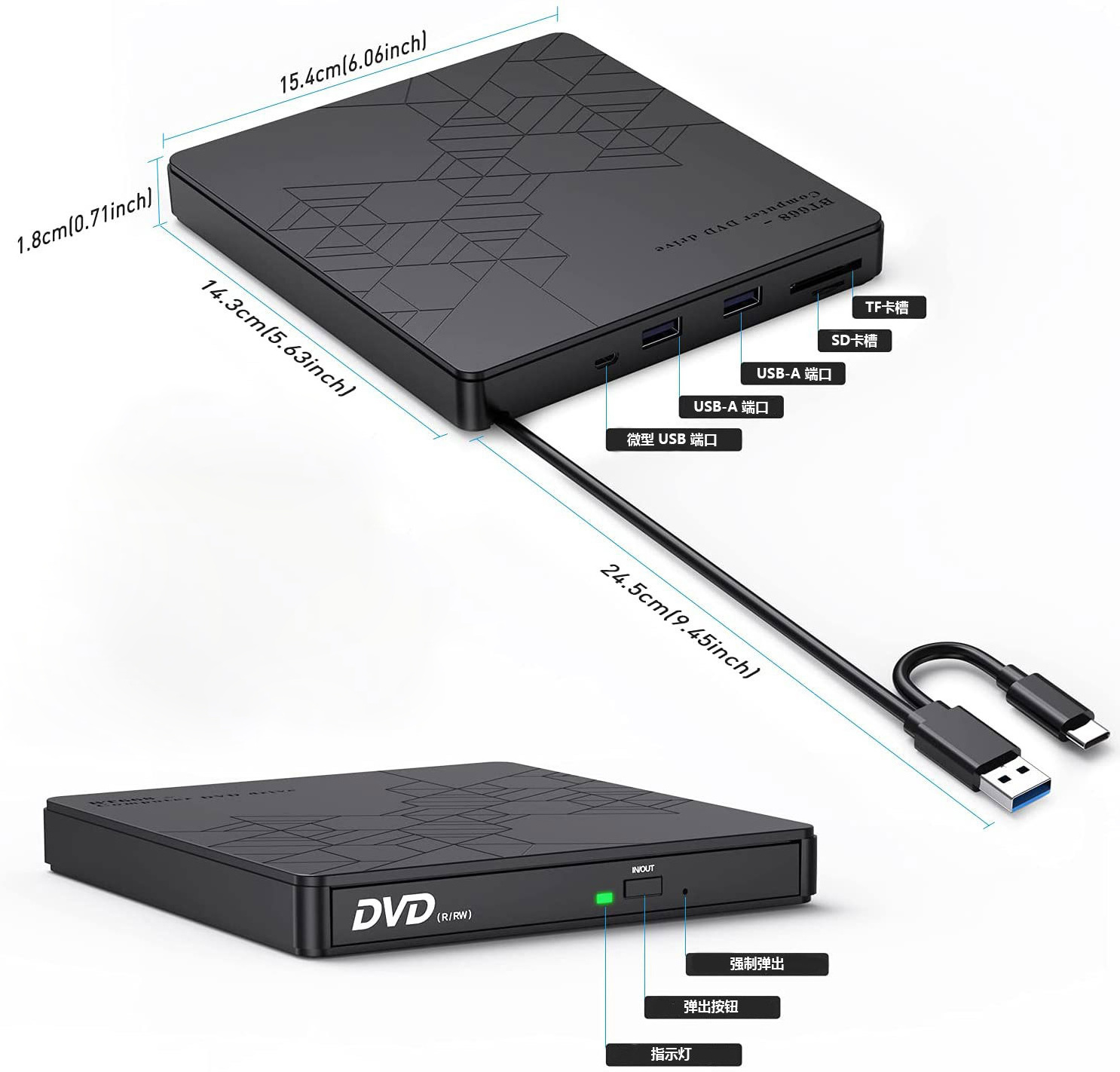 New External CD Drive USB 3.0 HUB Portable CD/Dvd +/-Rw Optical Drive Slim DVD Rom Rewriter Burner For Laptop Desktop PC