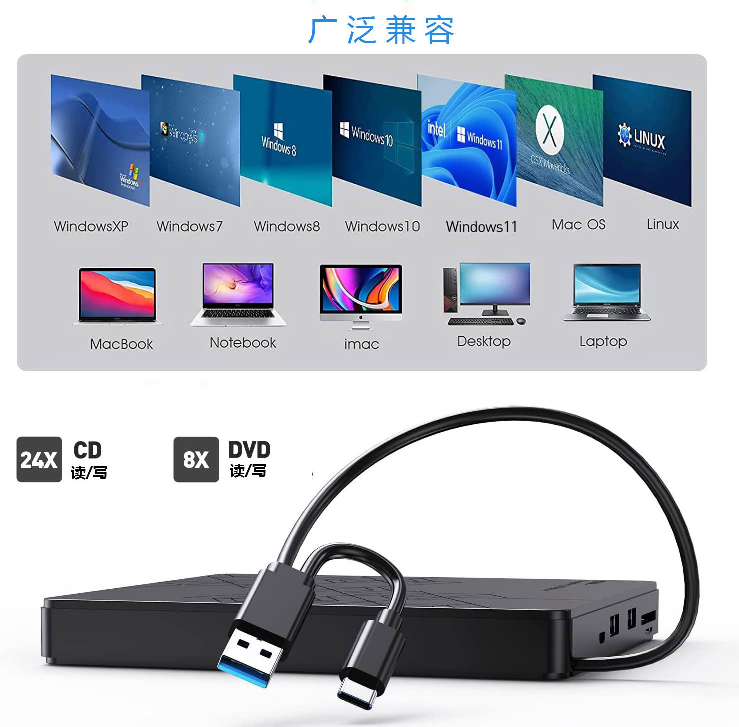 New External CD Drive USB 3.0 HUB Portable CD/Dvd +/-Rw Optical Drive Slim DVD Rom Rewriter Burner For Laptop Desktop PC