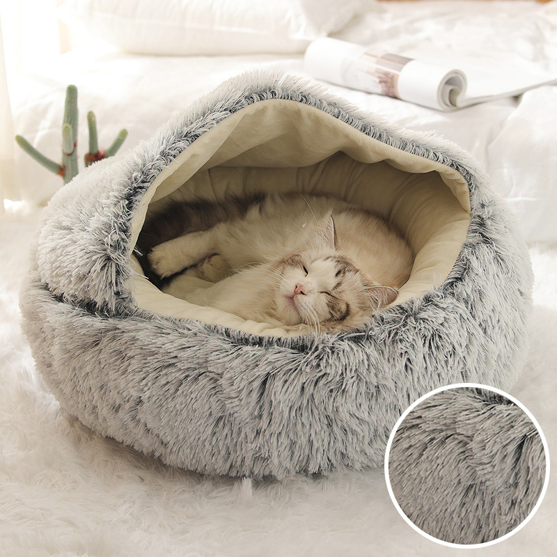 Winter Long Plush Cat Bed Round Pet House Cushion Cat House Warm Kitty Basket Dog Bed Sleep Bag Nest For Small Cat Products