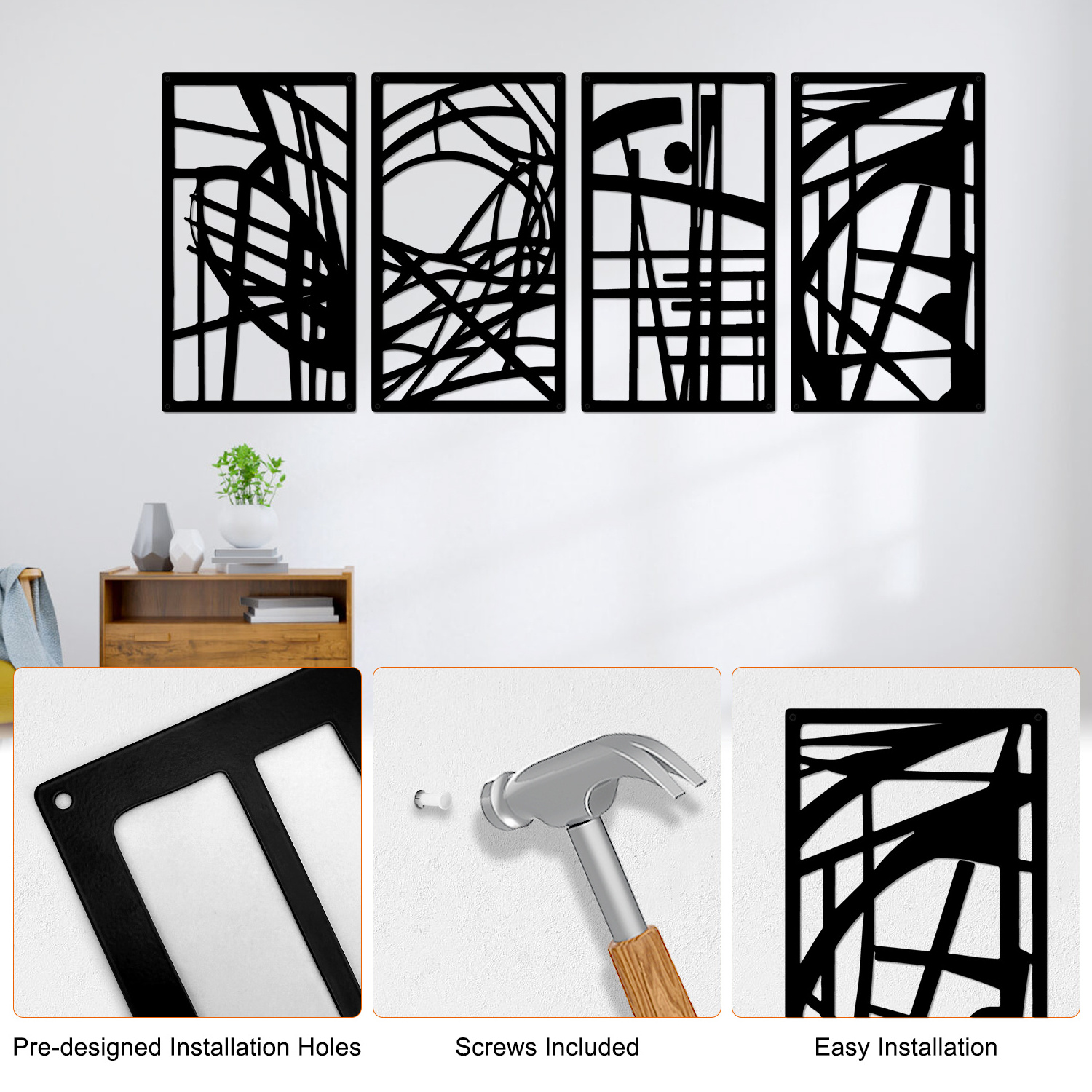 Custom Wall Decor 44mm Metal Abstract Line Art Minimalist Wall Decor for Living Room Bedroom -Black