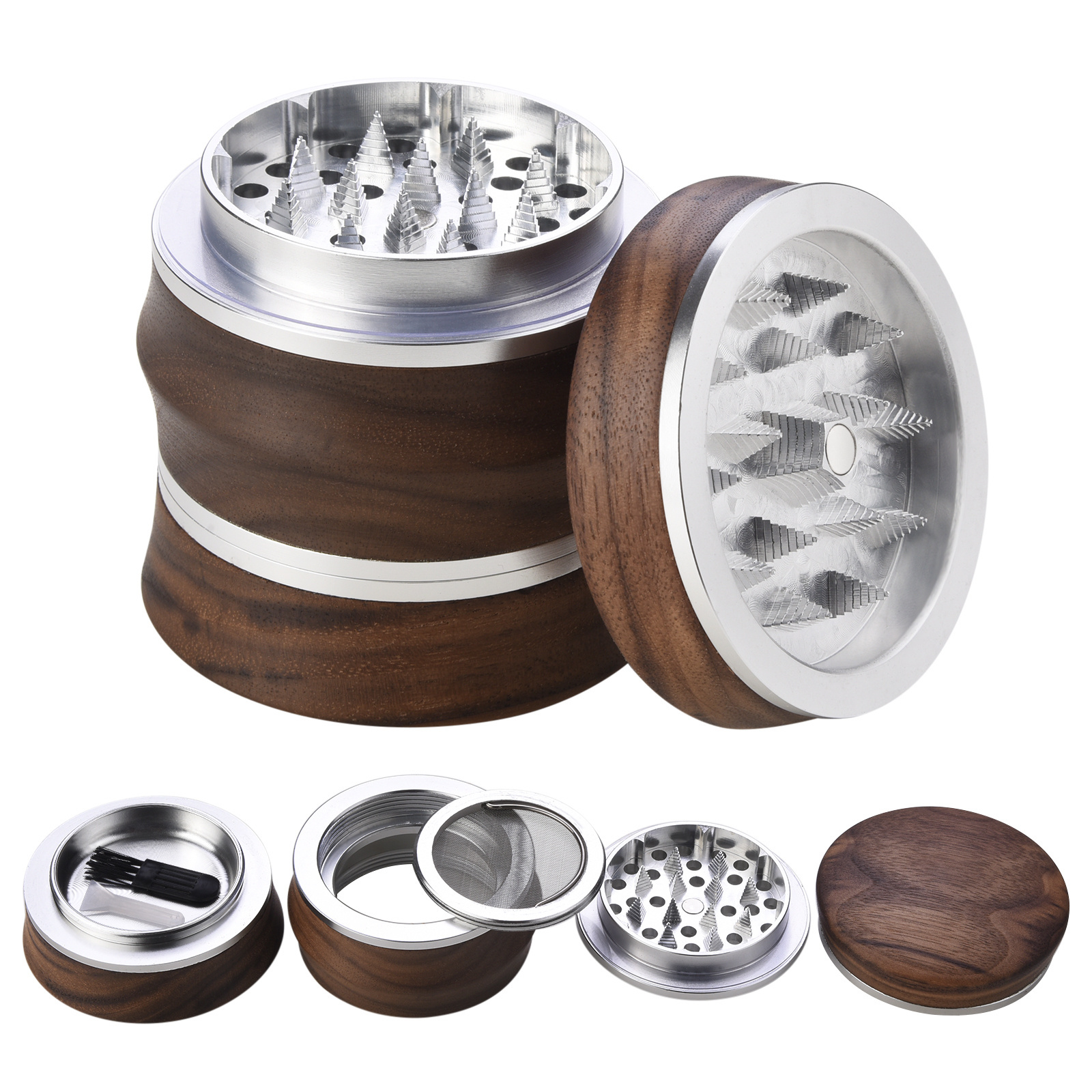 Premium Walnut Custom Tobacco Herb Grinder 2.9 inch 4 Layers Aluminum Sharp Teeth Smoking Herbal Grinder