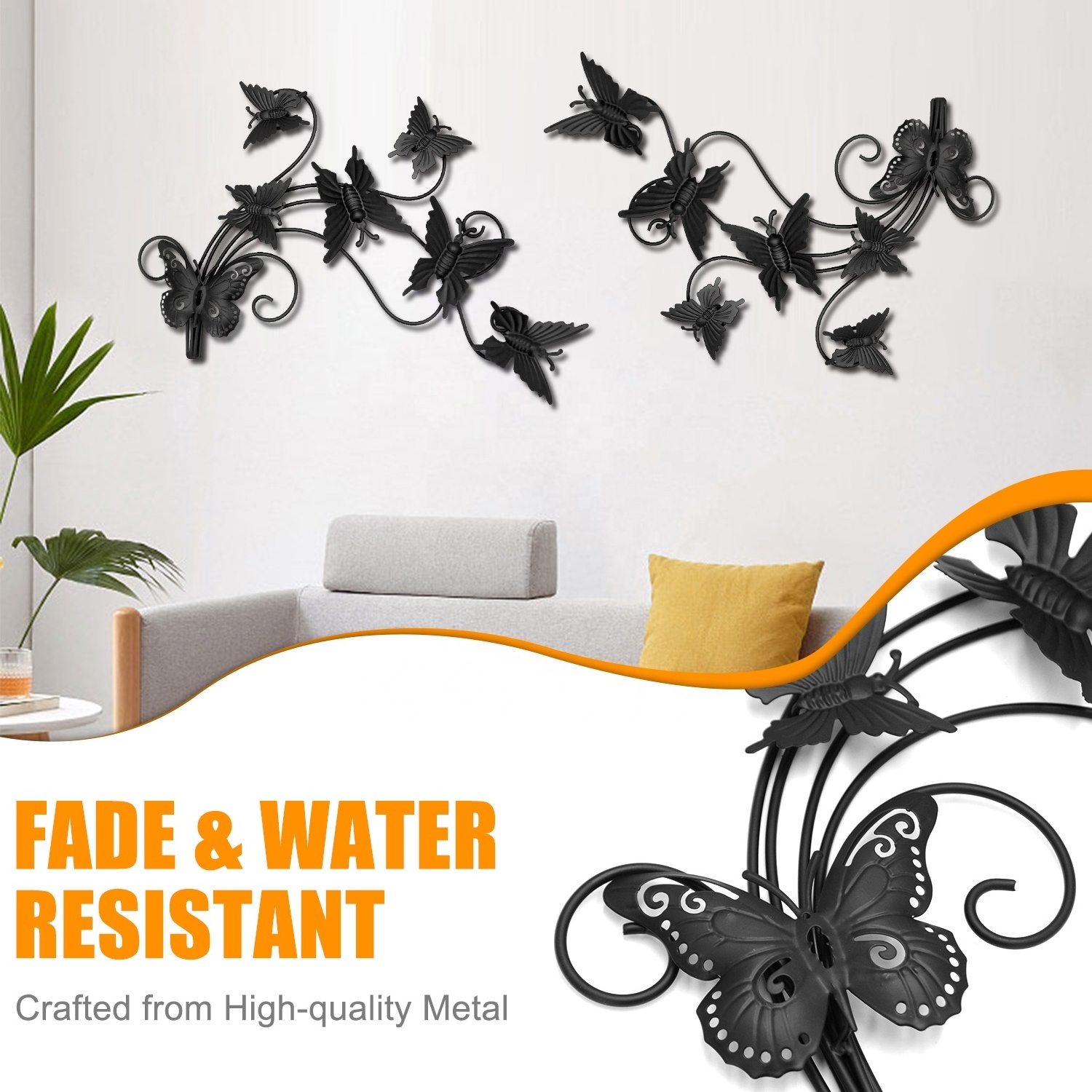 2Pcs Metal Butterfly Wall Decor for Living Room Home Decorations Large Black Butterflies indoor decorations