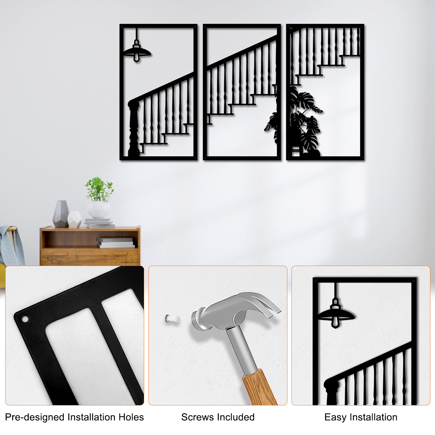 Custom Wall Art Decor Stairway Shape Single Line Minimalist Metal Wall Decor for Living Room-Black