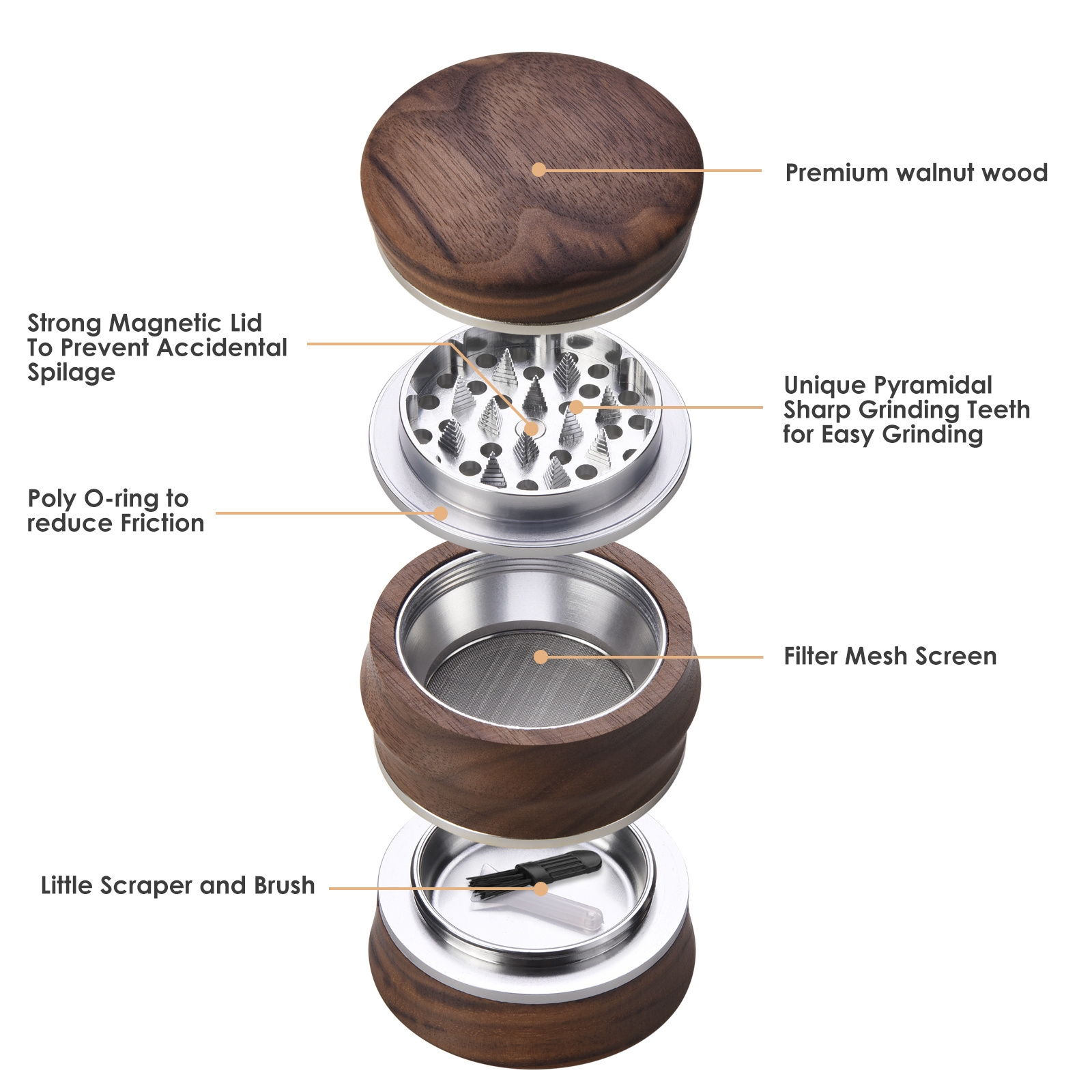 Premium Walnut Custom Tobacco Herb Grinder 2.9 inch 4 Layers Aluminum Sharp Teeth Smoking Herbal Grinder