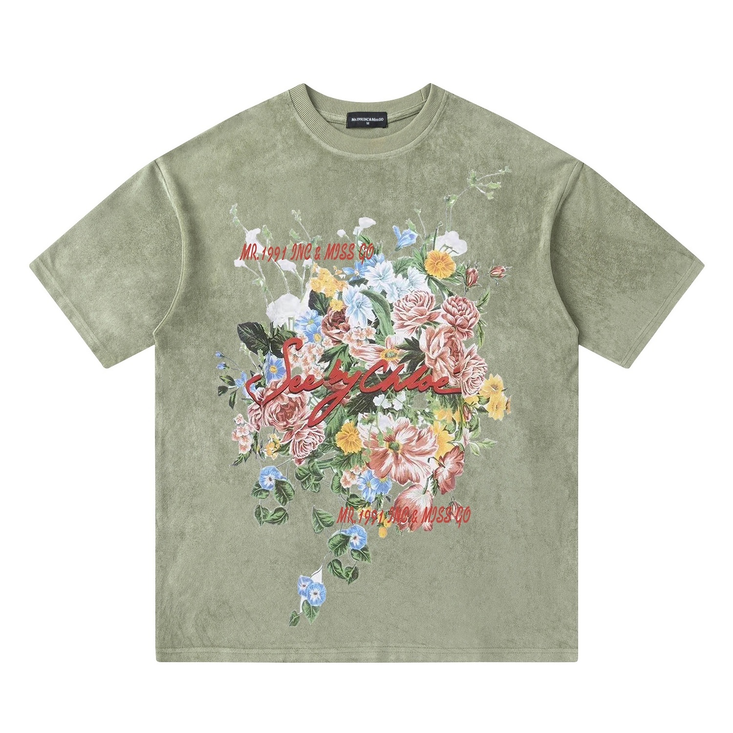 Manufacturer custom 88 polyester 12 spandex vintage t-shirt flower print Suede Short Sleeve T-Shirt unisex casual hot sell