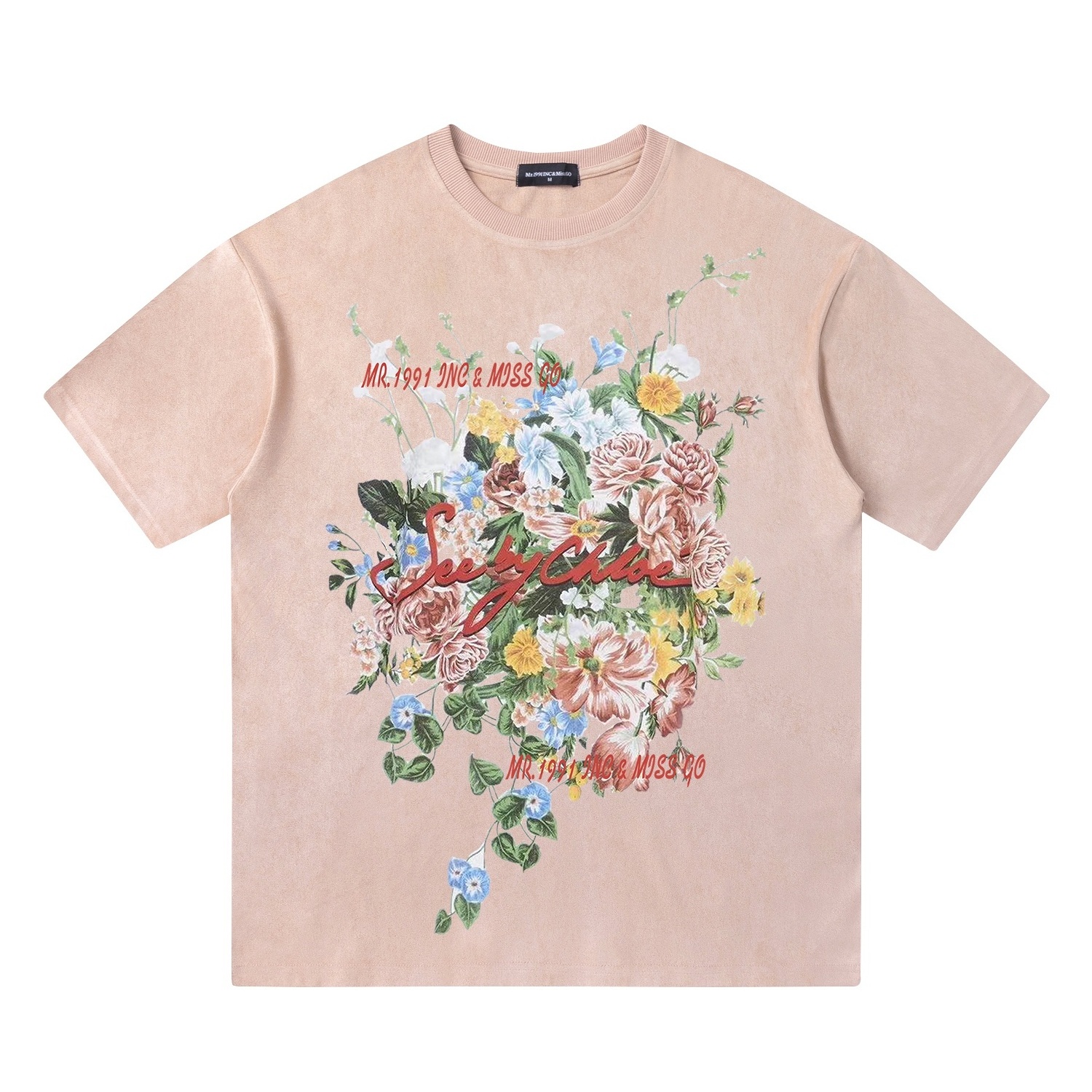 Manufacturer custom 88 polyester 12 spandex vintage t-shirt flower print Suede Short Sleeve T-Shirt unisex casual hot sell