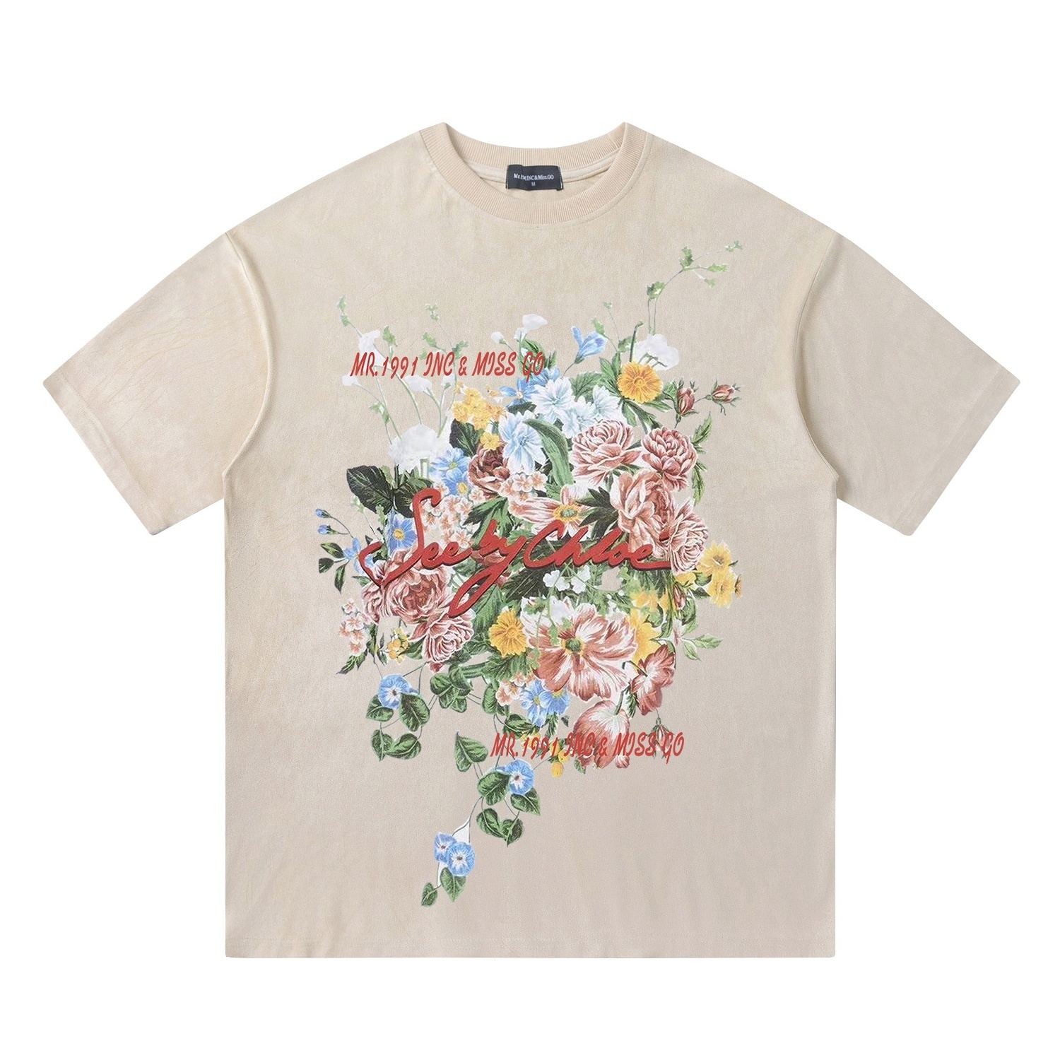 Manufacturer custom 88 polyester 12 spandex vintage t-shirt flower print Suede Short Sleeve T-Shirt unisex casual hot sell