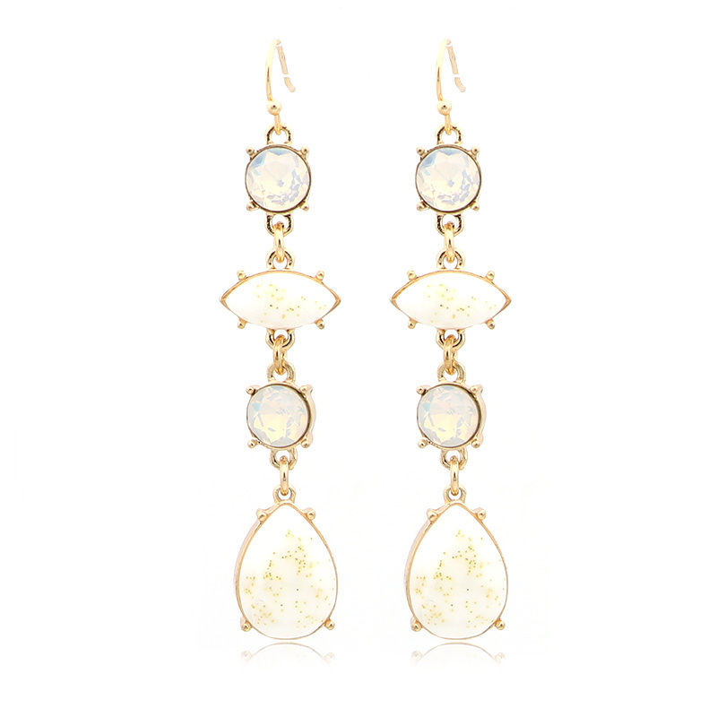 V&R Fashion Crystal earring jewelry white opal rhinestone cream resin stone gold glitter gold plated Tear drop earrings