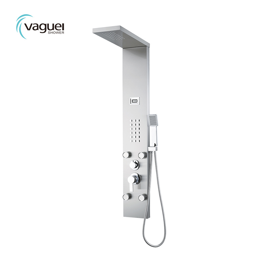 304 Anti-Finger Rainfall Shower Panel with Thermometer and Square Handshower Stainless Steel Shower Panel