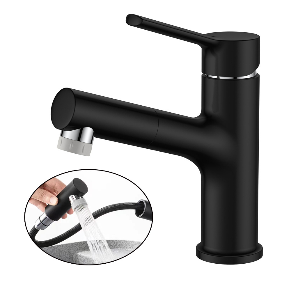 Vaguel New Hot Sales Washroom Torneira Brass Black Mixers Two Functions Bathroom Faucet with Pull Down Sprayer