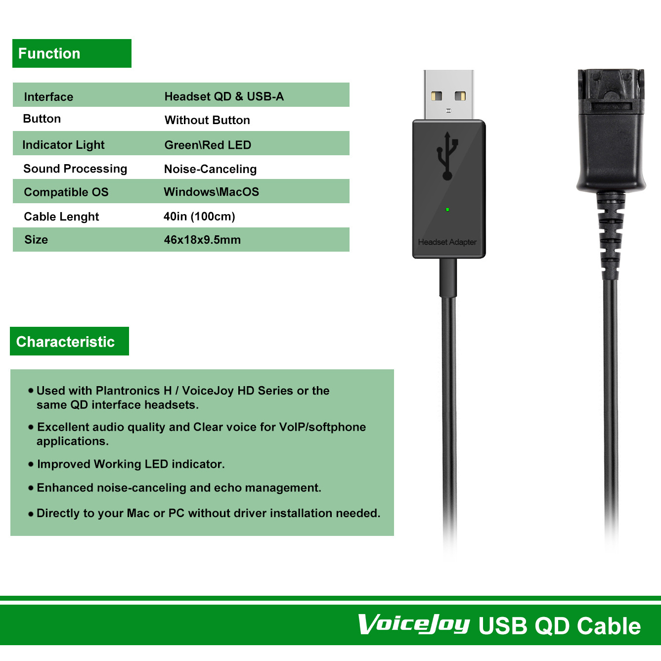 VoiceJoy Call Center Headset Quick Disconnect QD Cable to USB Plug Adapter Compatible with Plantronics QD Connector