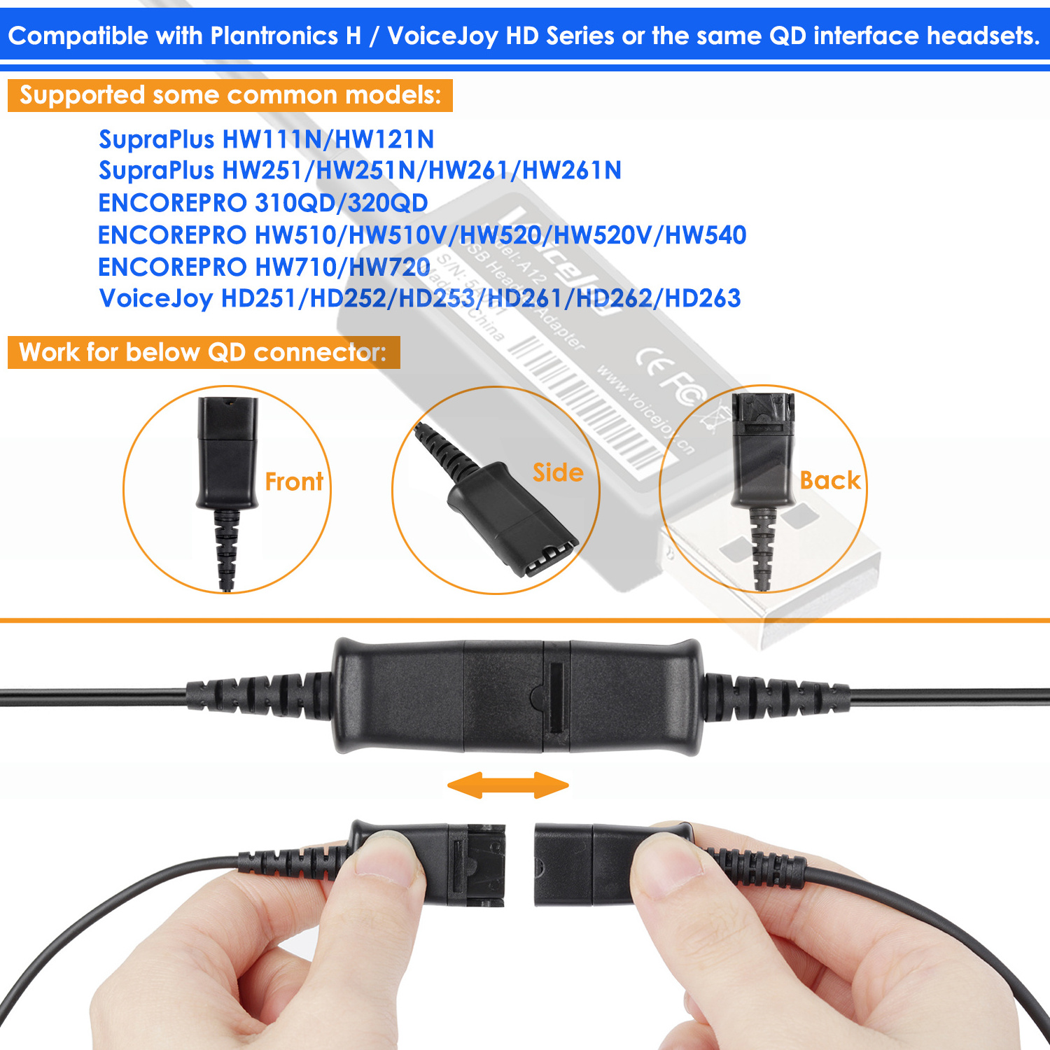 VoiceJoy Call Center Headset Quick Disconnect QD Cable to USB Plug Adapter Compatible with Plantronics QD Connector