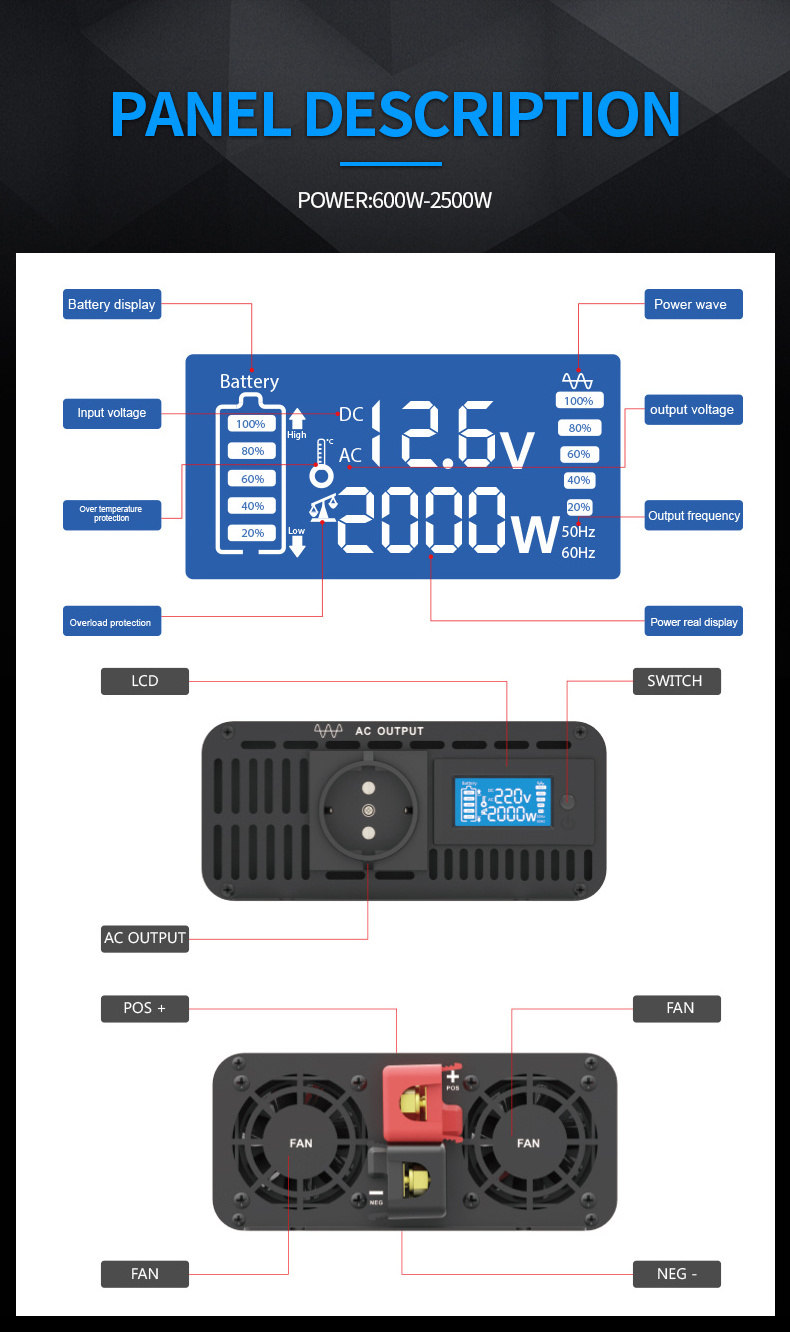 12v pure sine wave power inverter 2000w 110/220Vac dc to ac converter solar inverter