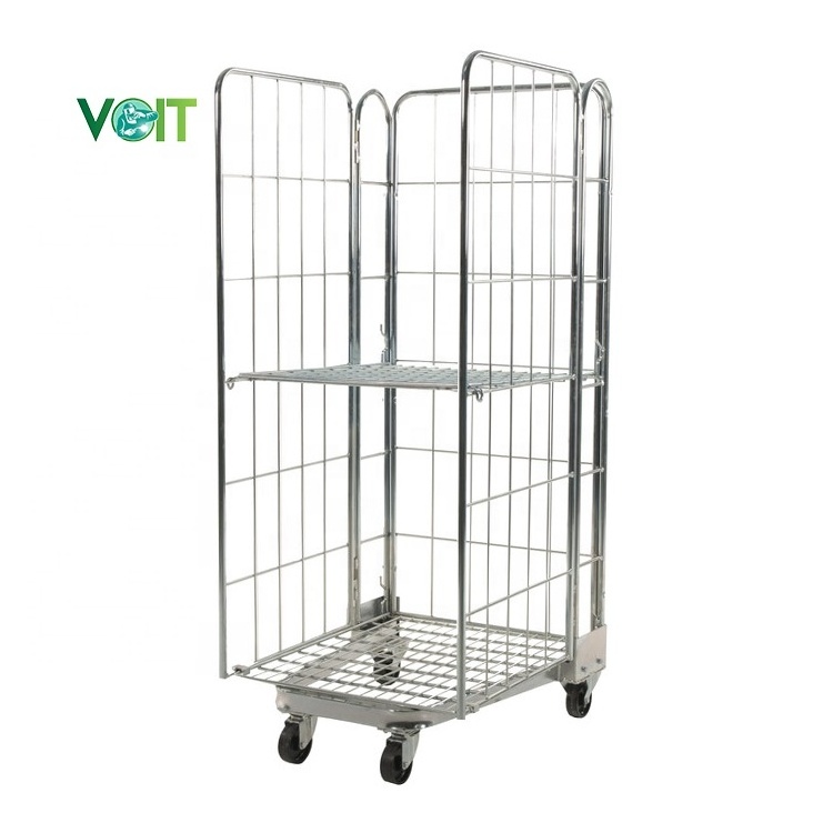 Warehouse Steel Wire Mesh Parcel Transport Cage Trolley with Shelves